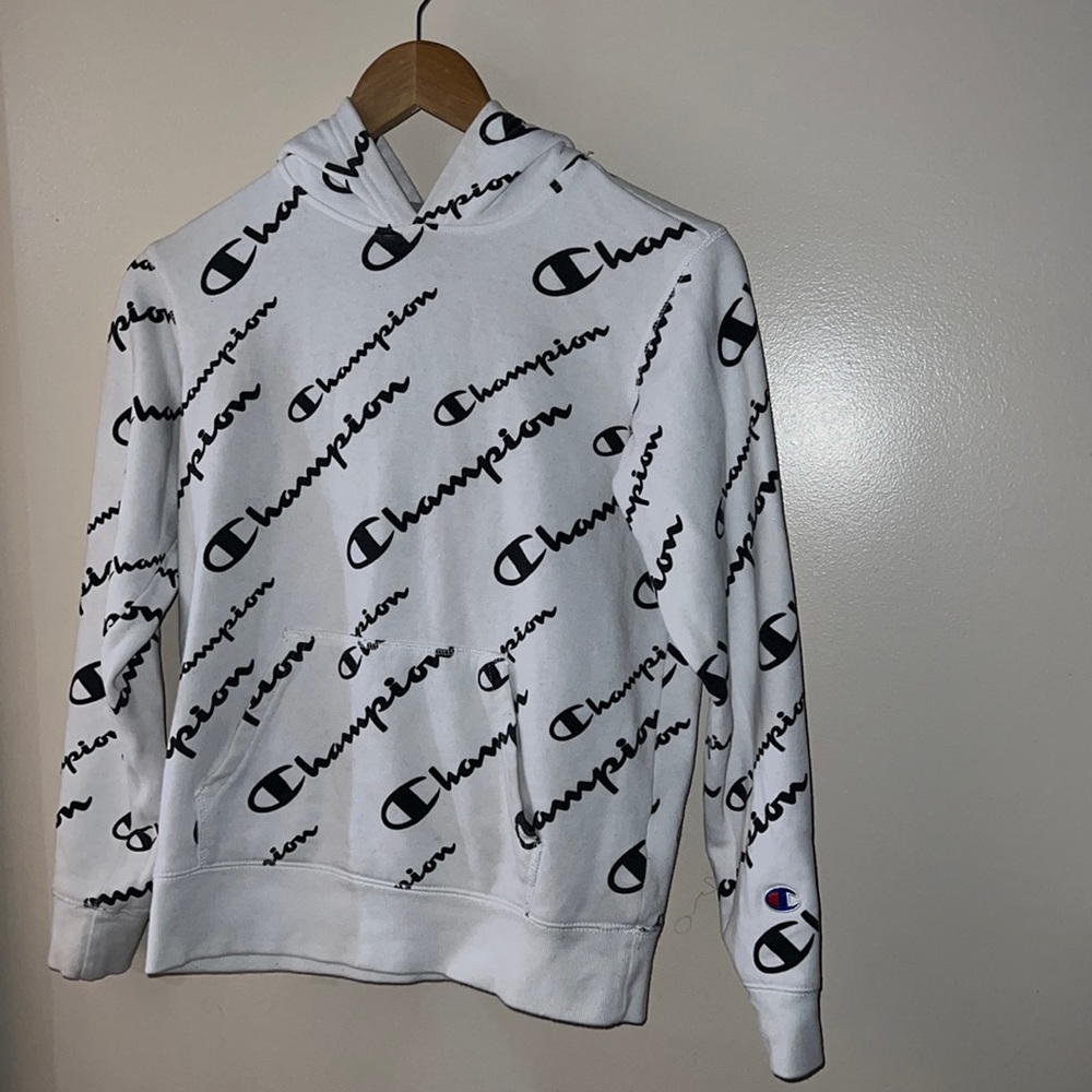 Champion logo, long sleeve pull over hoodie/size Large youth